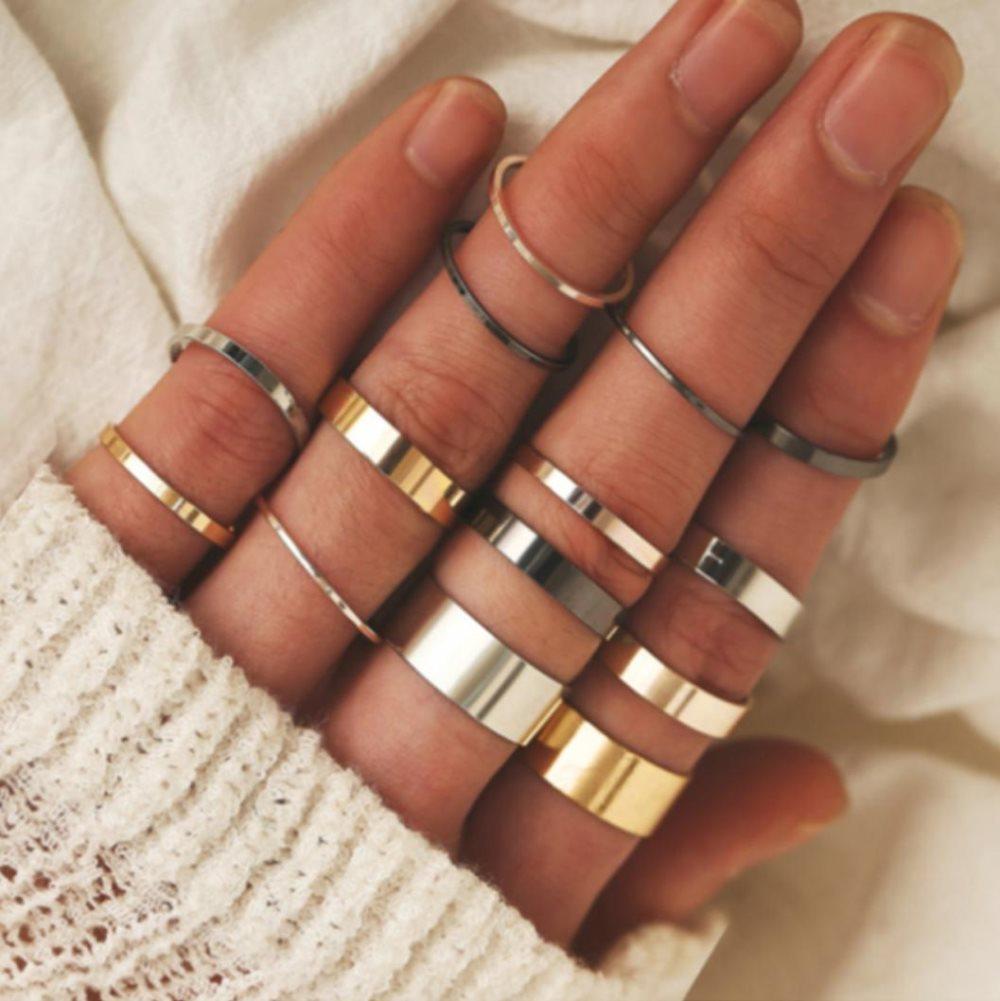 14-pack Boho Guld, Silver & Svarta Ringar - Blanka & Släta