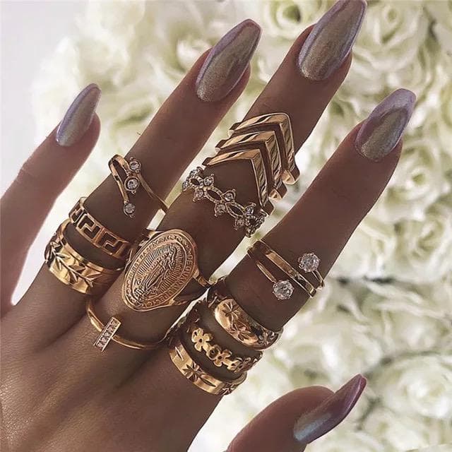 13-pack Boho Guld Ringar -Glittrande Rhinestones & Olika Mönster