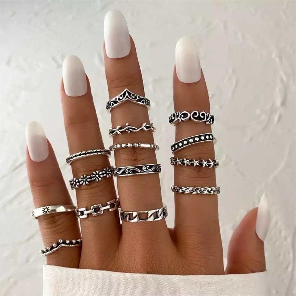 14-pack Boho Silver Ringar - Stjärnor, Blommor & Olika Mönster