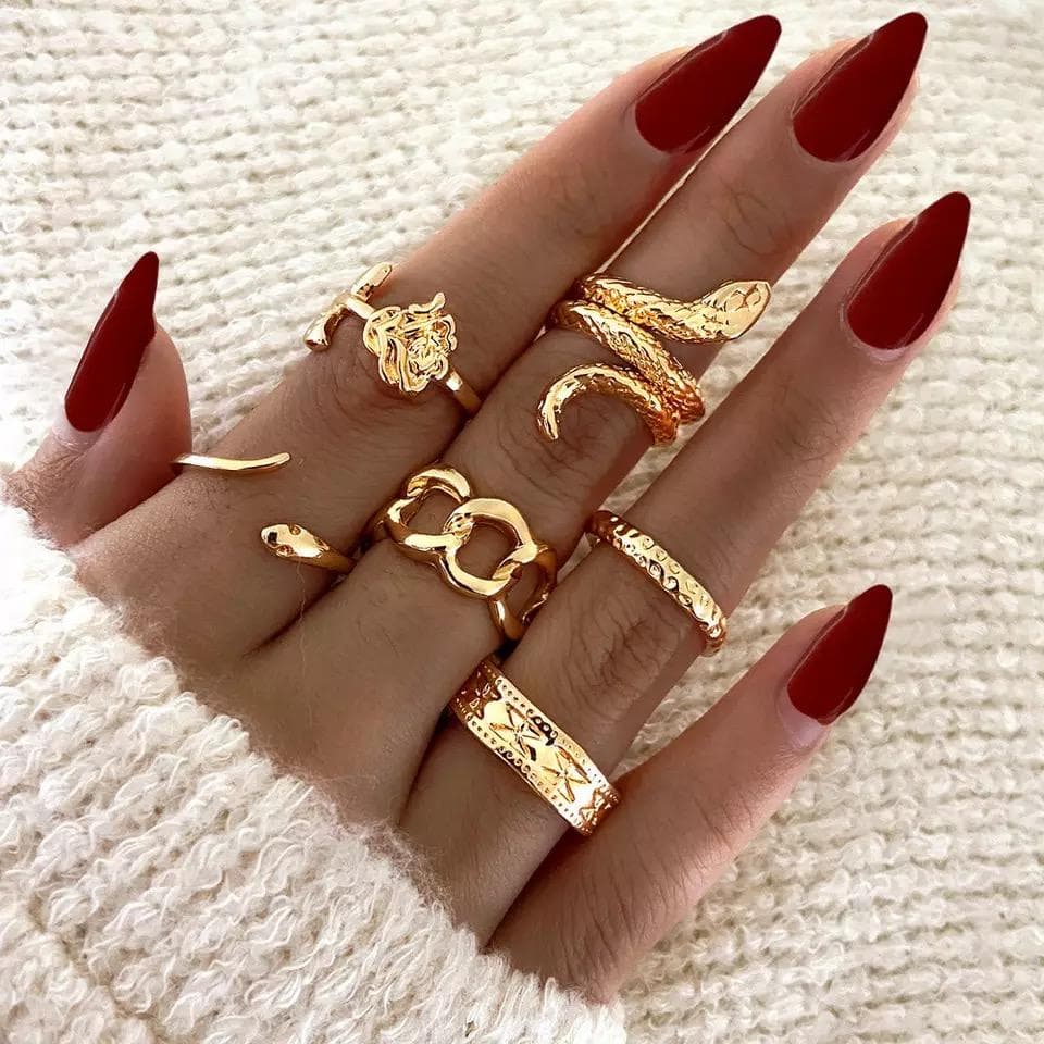 6-pack Boho Guld Ringar - Orm/Snake, Blomma/Ros & Olika Mönster