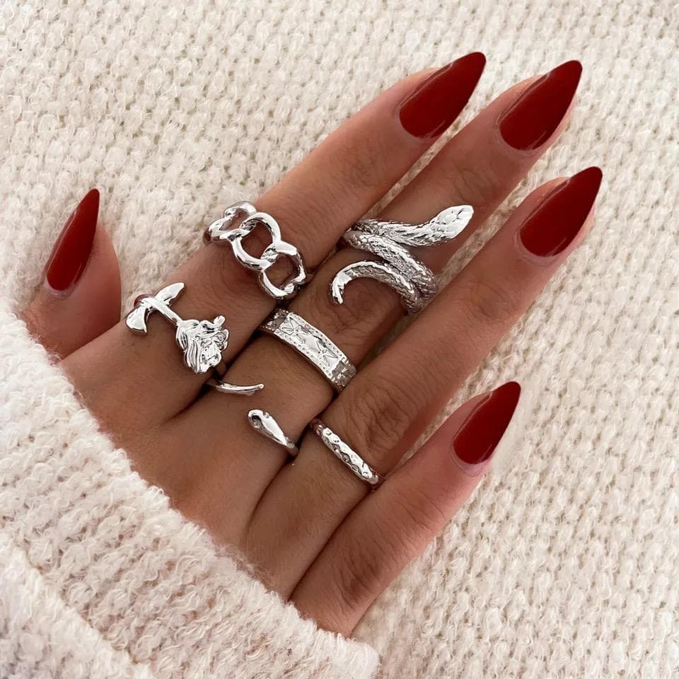 6-pack Boho Silver Ringar - Orm, Blomma/Ros & Olika Mönster