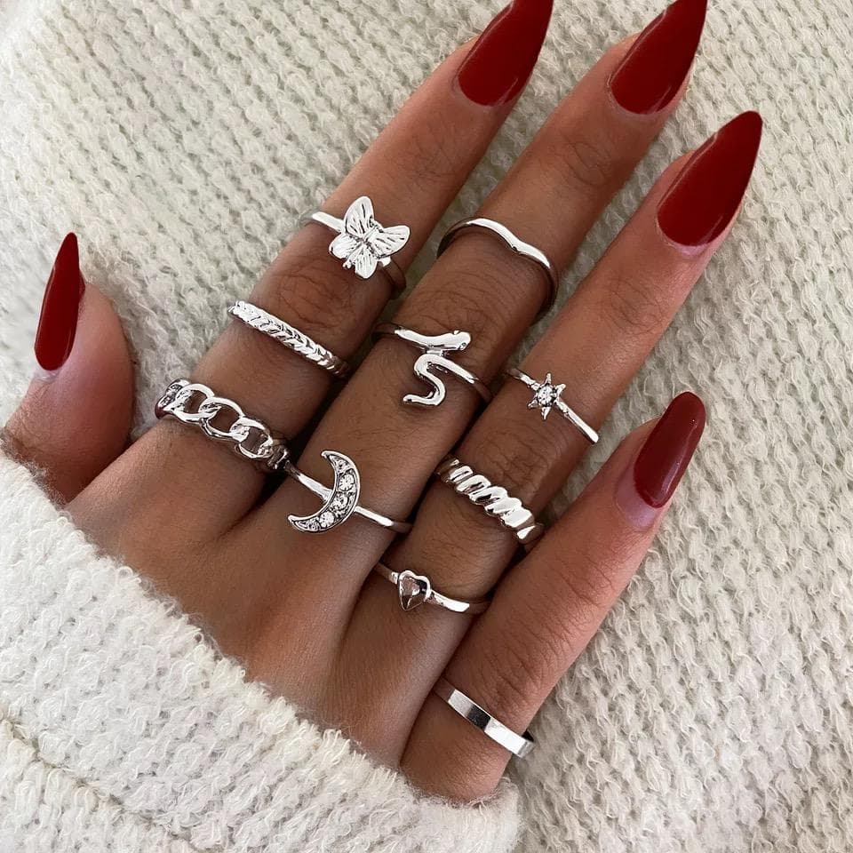 10-pack Boho Silver Ringar - Orm, Hjärta, Fjäril, Stjärna & Måne