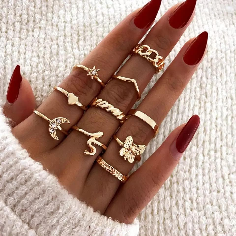 10-pack Boho Guld Ringar - Orm, Hjärta, Fjäril, Stjärna & Måne