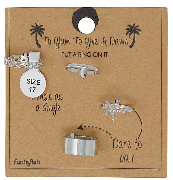 4-pack Boho Silver Ringar - Stjärna, Släta & Mönster - Stl 17