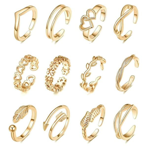 12-Pack Tåringar Ringar Justerbar Storlek – Guld
