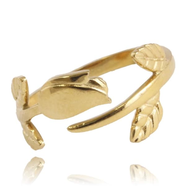Guld Ring i Stål med Blomma & Blad - Guldpläterad - Justerbar