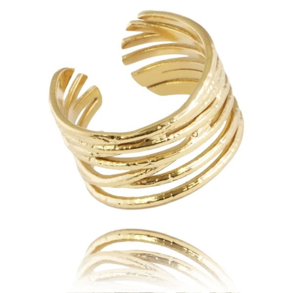 Bred Guld Ring i Stål med Fina Mönster - Guldpläterad -Justerbar