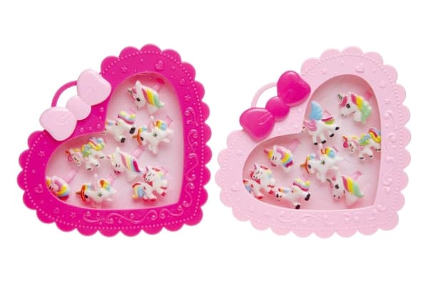 8 st Barnringar Barn Ringar i Rosa Hjärtformad Ask - Enhörning / Unicorn