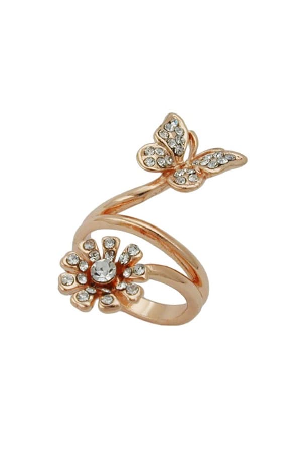 Ring Butterfly & Flower Glass Crystals Redgold Plated - GL01222-54