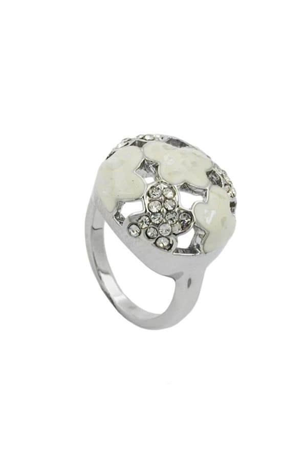 Ring White Enamel & Glass Crystals Rhodium Plated - GL01217-54