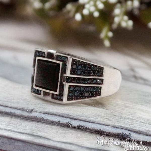 Sterling silver ring äkta svart sten orientalisk klackring för män