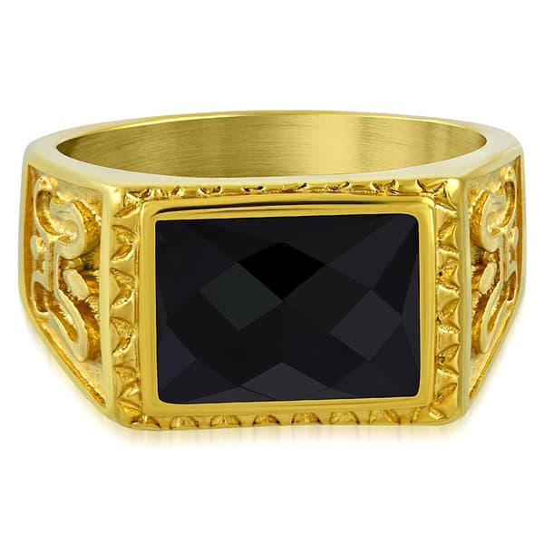 Ring Herr Stål 316L Klackring Guldfärg Svart Cubic Zircon Stl 18