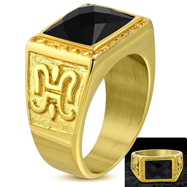 Ring Herr Stål 316L Klackring Guldfärg Svart Cubic Zircon Stl 18