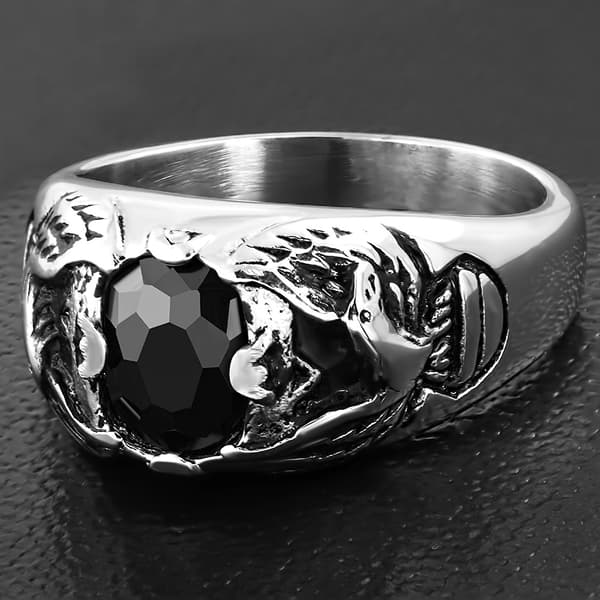 Cool Ring i Kirurgiskt Stål 316L i Silver färg med Svart Cubic Zircon Kristall & Örn  / Fågel - Stl 22,2