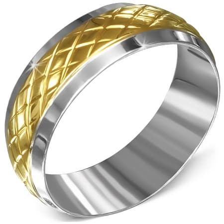 Ring 2 toner silver & guld mönster kryss stål 316L - Stl 20,98