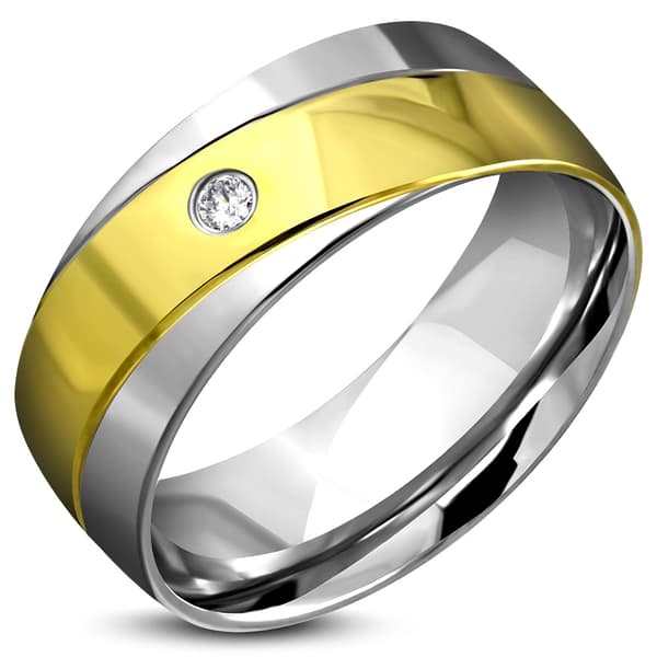 Ring i Kirurgiskt Stål 316L med Diagonalt Mönster i Guld & Silver färg med Vit CZ Kristall - Stl 19