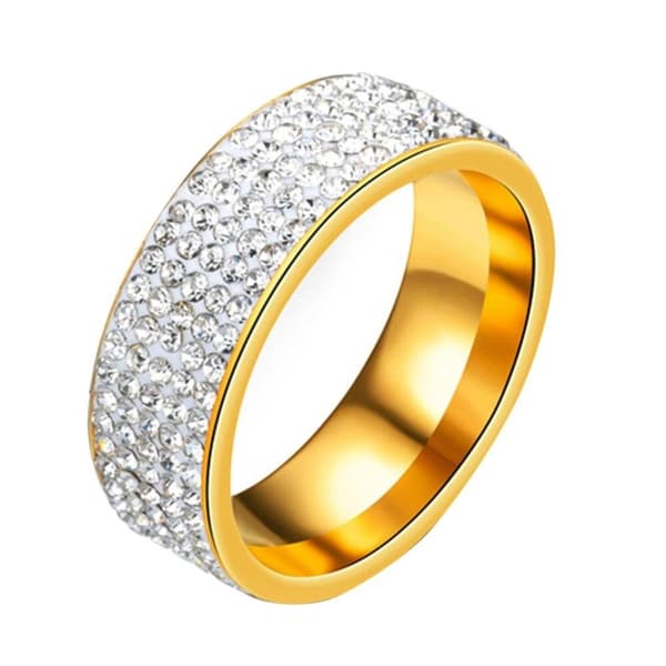 Glittrande Ring i Rostfritt Stål i Guld Färg med 5 rader Rhinestones/Strass - Stl 17