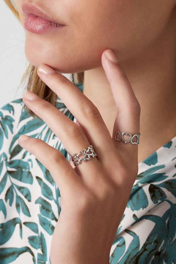 Ring i Rostfritt Stål med Söta Blommor - Silver - Justerbar