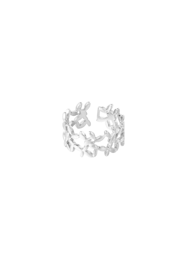 Ring i Rostfritt Stål med Söta Blommor - Silver - Justerbar