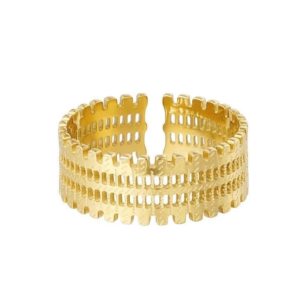 Ring i Rostfritt Stål med Fint Mönster/Tryck - Guld -Justerbar