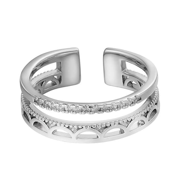 Silver Ring med CZ Kristaller och fint Mönster - Justerbar