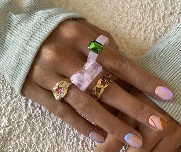 4-pack Boho Guld & Ljus Rosa Ringar i Olika Mönster, Stjärna & Grön Rhinestone