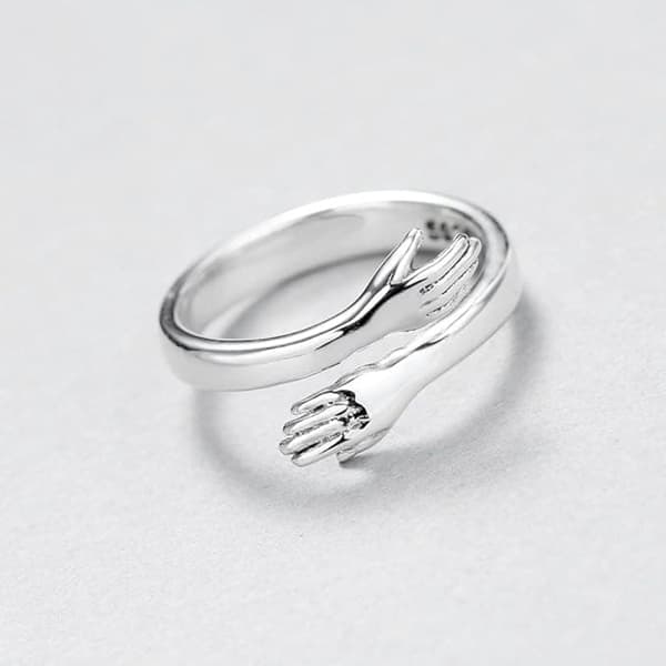 Sterling Silver Kram Ring, Silver Romantisk Kram Händer Kram Öppen Ring för Kvinnor Män Par Smycken Justerbar Ringstorlek
