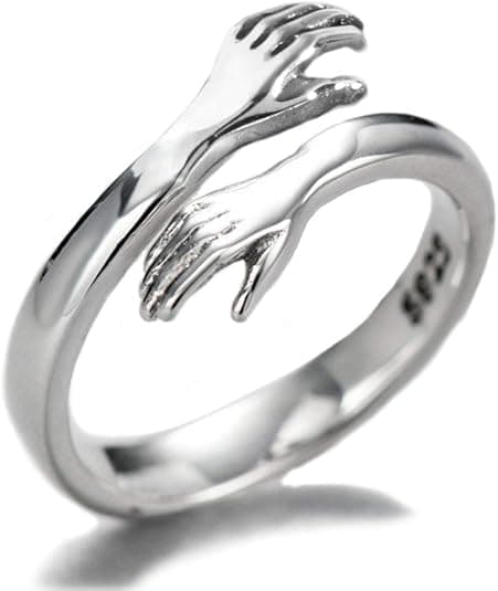 Sterling Silver Kram Ring, Silver Romantisk Kram Händer Kram Öppen Ring för Kvinnor Män Par Smycken Justerbar Ringstorlek