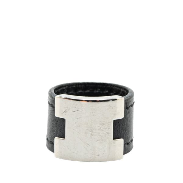 Pre-owned Hermès Leather and Palladium Plated Lurie Ring Black