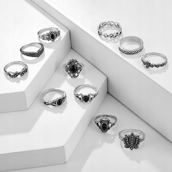 Silverfärgade RETRO PUNK BOHO RINGAR SET 12