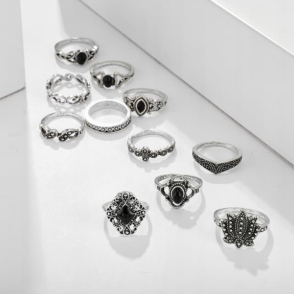 Silverfärgade RETRO PUNK BOHO RINGAR SET 12