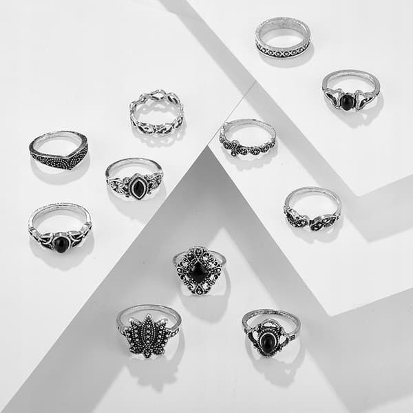 Silverfärgade RETRO PUNK BOHO RINGAR SET 12