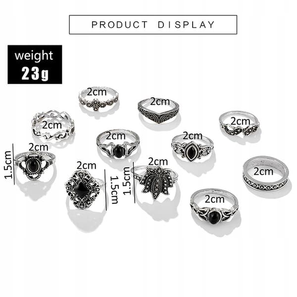 Silverfärgade RETRO PUNK BOHO RINGAR SET 12