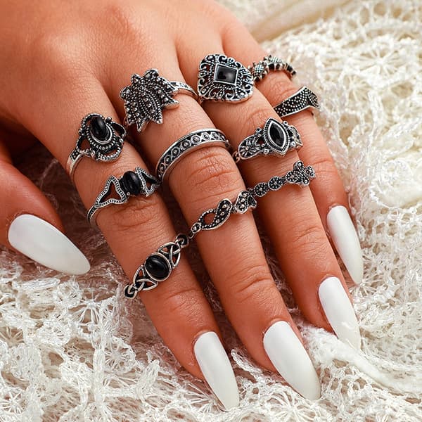 Silverfärgade RETRO PUNK BOHO RINGAR SET 12