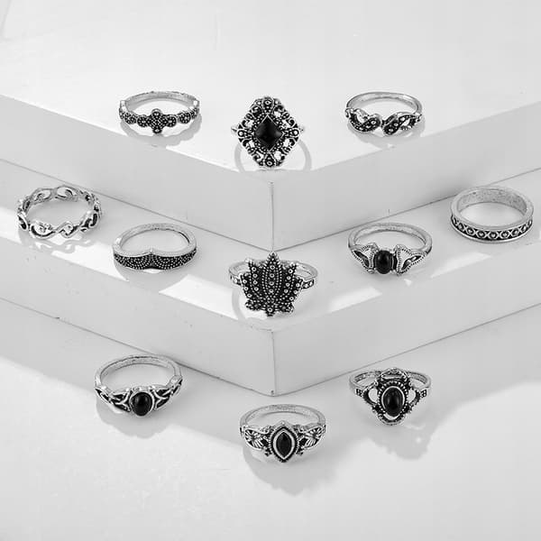 Silverfärgade RETRO PUNK BOHO RINGAR SET 12