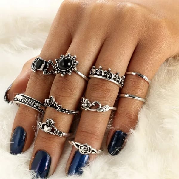 Sølv RETRO PUNK BOHO RINGSÆT 09