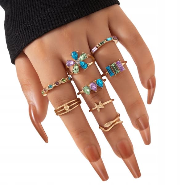 SÆT MED GYLDNE RINGE RETRO PUNK VINTAGE 8 DELE FARVERIGE BLOMSTER
