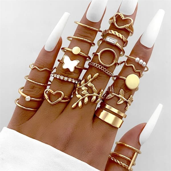 Sølv RETRO PUNK BOHO SMUKKE RINGSÆT 24 ringe 16-18 mm