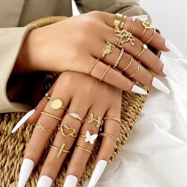 Sølv RETRO PUNK BOHO SMUKKE RINGSÆT 24 ringe 16-18 mm
