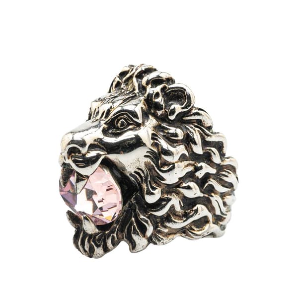 Pre-owned Gucci Silver Plated Crystal Lion Head Ring Silver