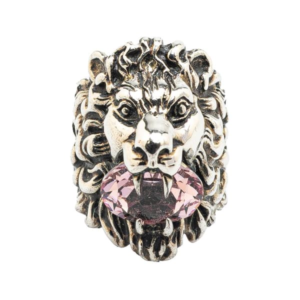 Pre-owned Gucci Silver Plated Crystal Lion Head Ring Silver