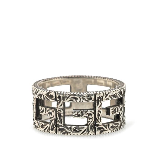 Pre-owned Gucci Sterling Silver Wide G Cube Cutout Band Ring Silver
