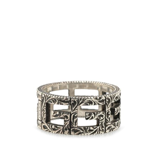 Pre-owned Gucci Sterling Silver Wide G Cube Cutout Band Ring Silver