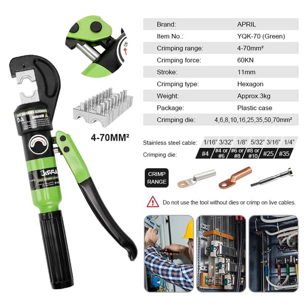 Hydraulinen puristustyökalu, 4-70 mm² alue, 45 kN voima,YQK-70 Vihreä