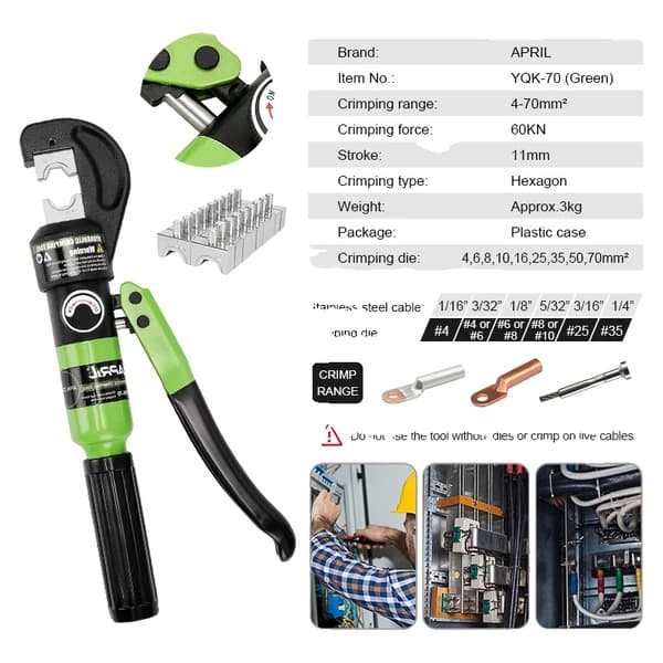 Hydraulinen puristustyökalu, 4-70 mm² alue, 45 kN voima,YQK-70 Vihreä