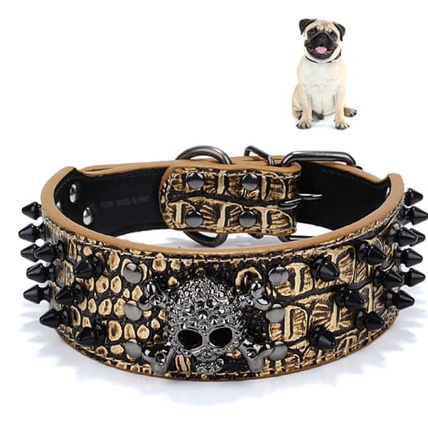 TD® Justerbar hundhalsband i konstläder med dödskalle och reflektion, med nitar, för medelstora husdjur, katt.