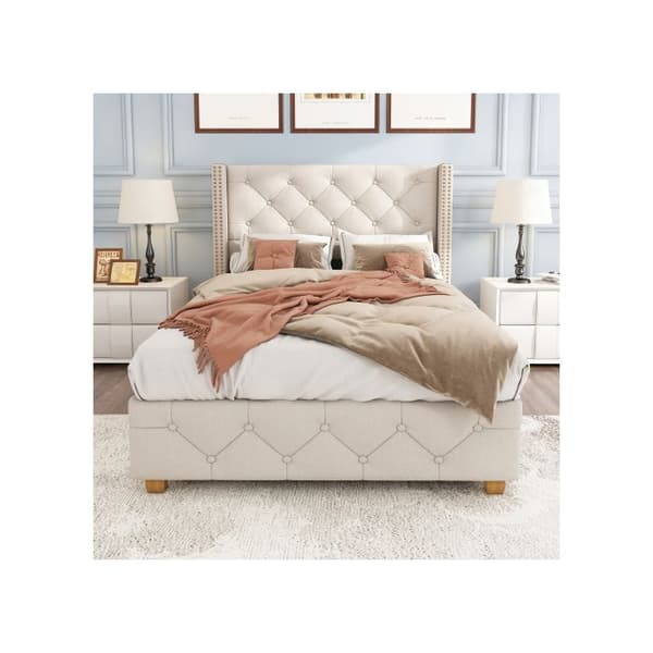 Lit stoppad 90*200 cm, knapprad stoppning, nitar stoppning, träben, linne, beige