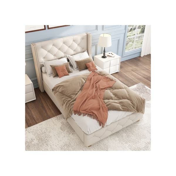 Lit stoppad 90*200 cm, knapprad stoppning, nitar stoppning, träben, linne, beige
