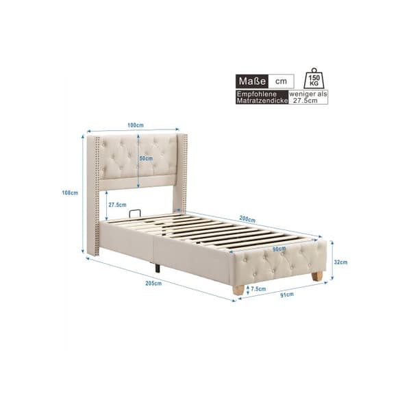 Lit stoppad 90*200 cm, knapprad stoppning, nitar stoppning, träben, linne, beige