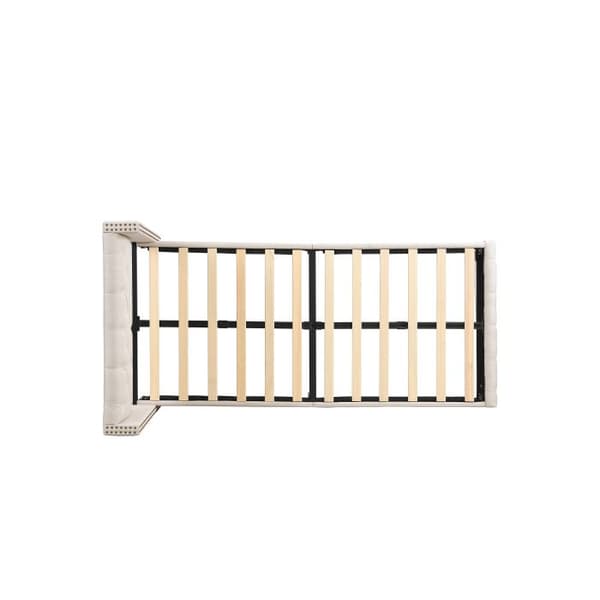 Lit stoppad 90*200 cm, knapprad stoppning, nitar stoppning, träben, linne, beige